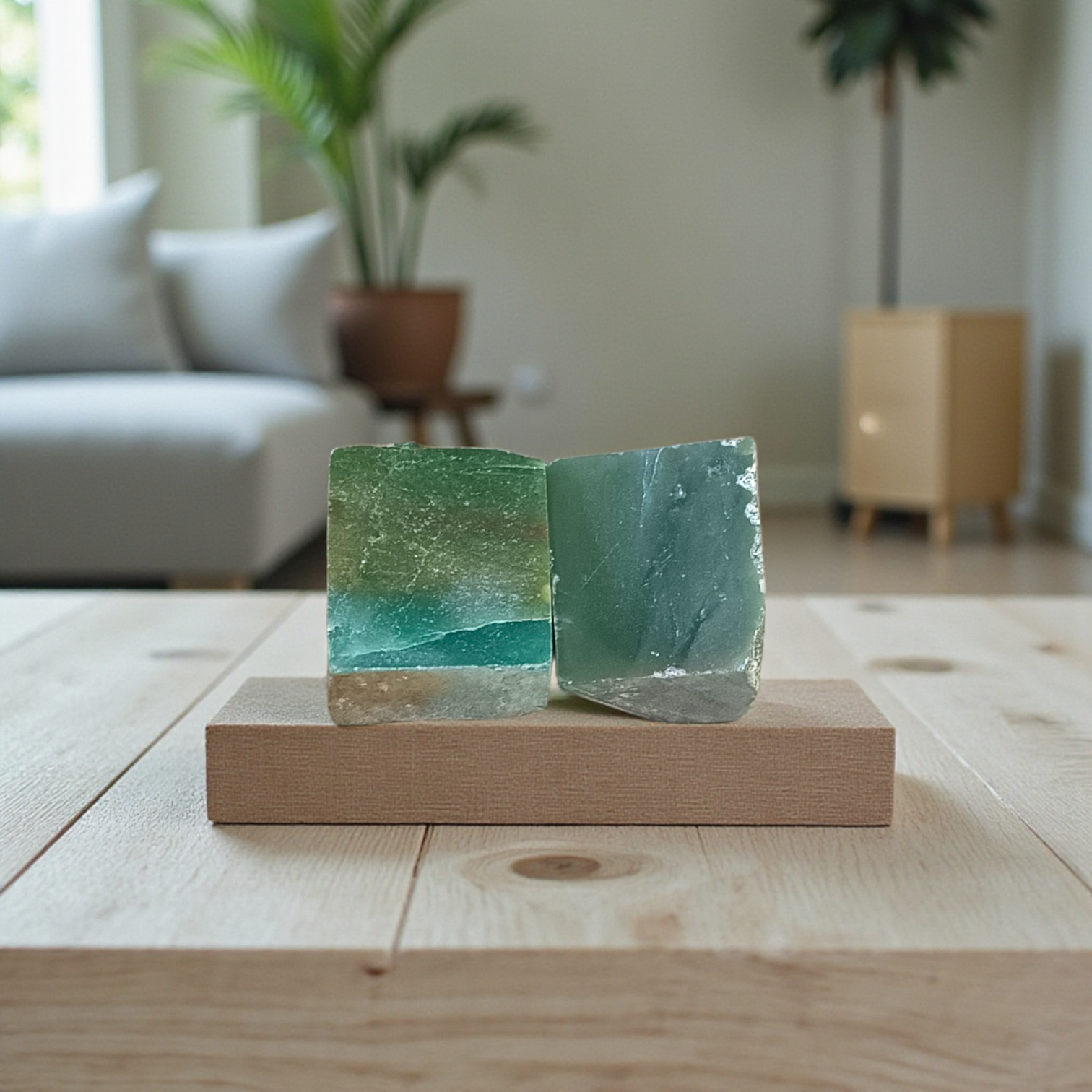 Two polished green Aventurine stones placed side by side, showcasing their smooth texture and natural crystal shine