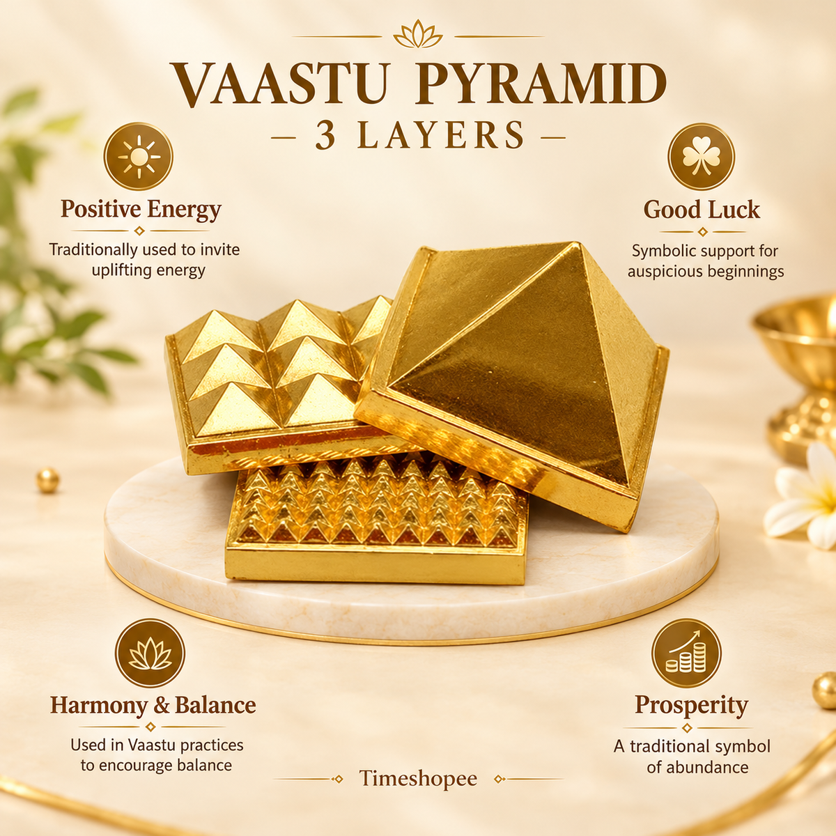 Vaastu Pyramid 3 Layers Golden Set of 3 for Positivity and Goodluck
