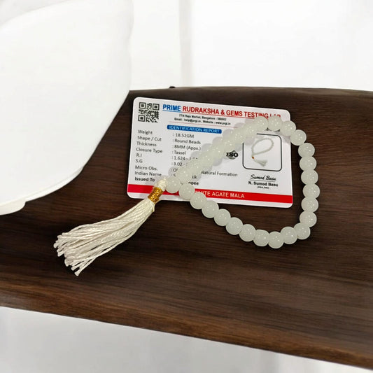 White Agate Mala with 27+1 lab-certified 8MM beads, perfect for meditation and mantra chanting.