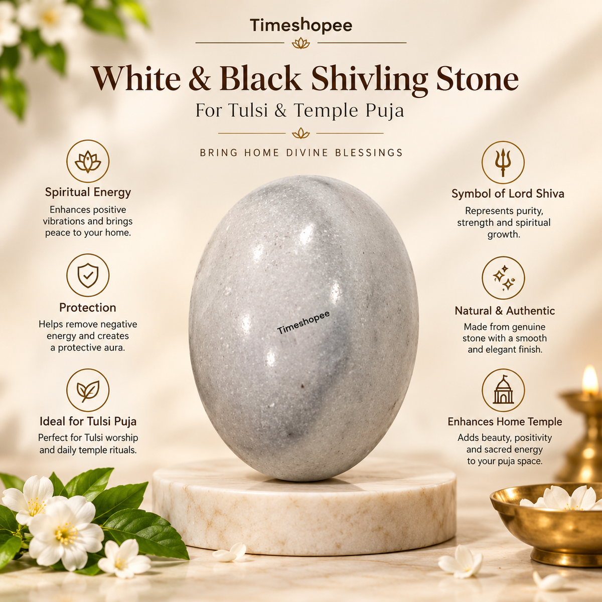 White and Black Shivling Stone for Tulsi and temple worship, representing Lord Shiva with an elegant dual-tone marble design.