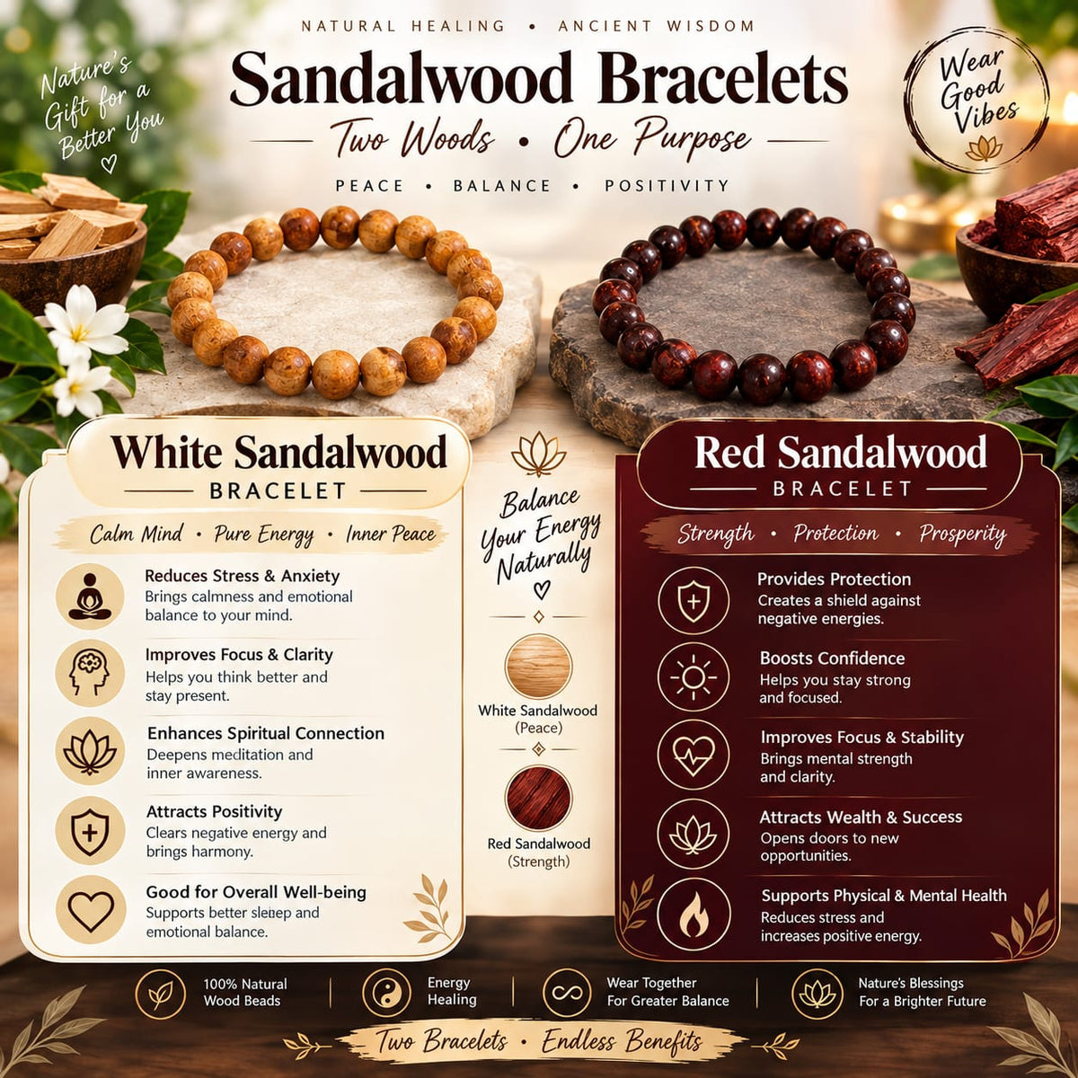 White and red sandalwood bracelets 8mm stretchable lab certified for meditation healing and daily wear