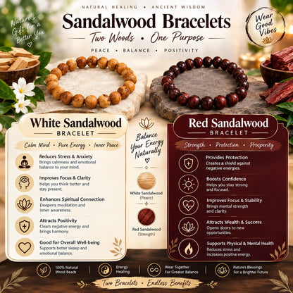 White and red sandalwood bracelets 8mm stretchable lab certified for meditation healing and daily wear