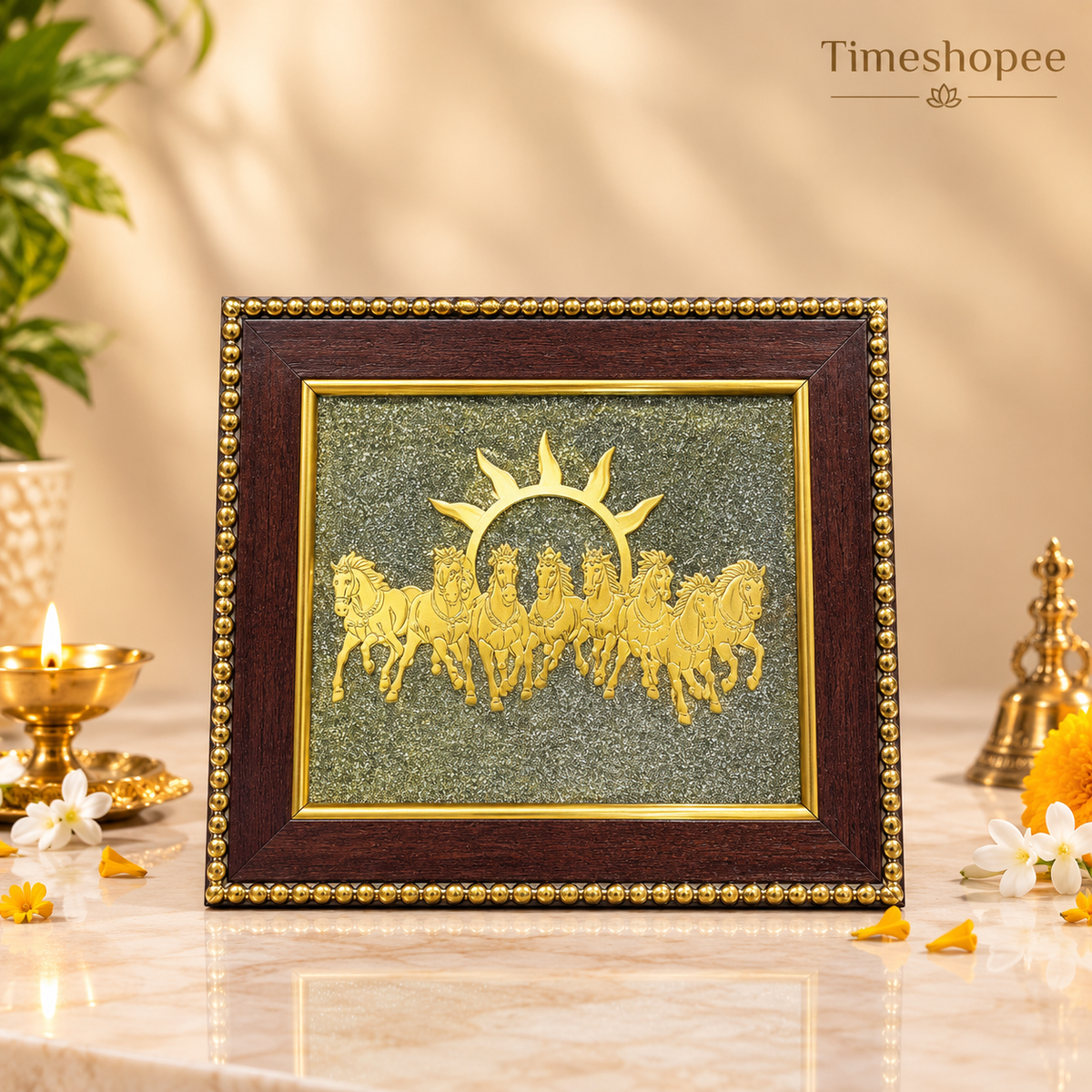 Wooden 7x7 inch Vastu frame featuring seven golden horses with rising sun background and embedded Pyrite stone, ideal for wealth and energy correction