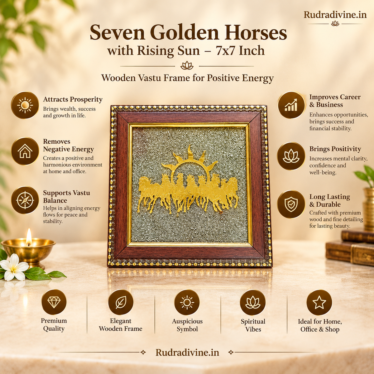 Wooden 7x7 inch Vastu frame featuring seven golden horses with rising sun background and embedded Pyrite stone, ideal for wealth and energy correction