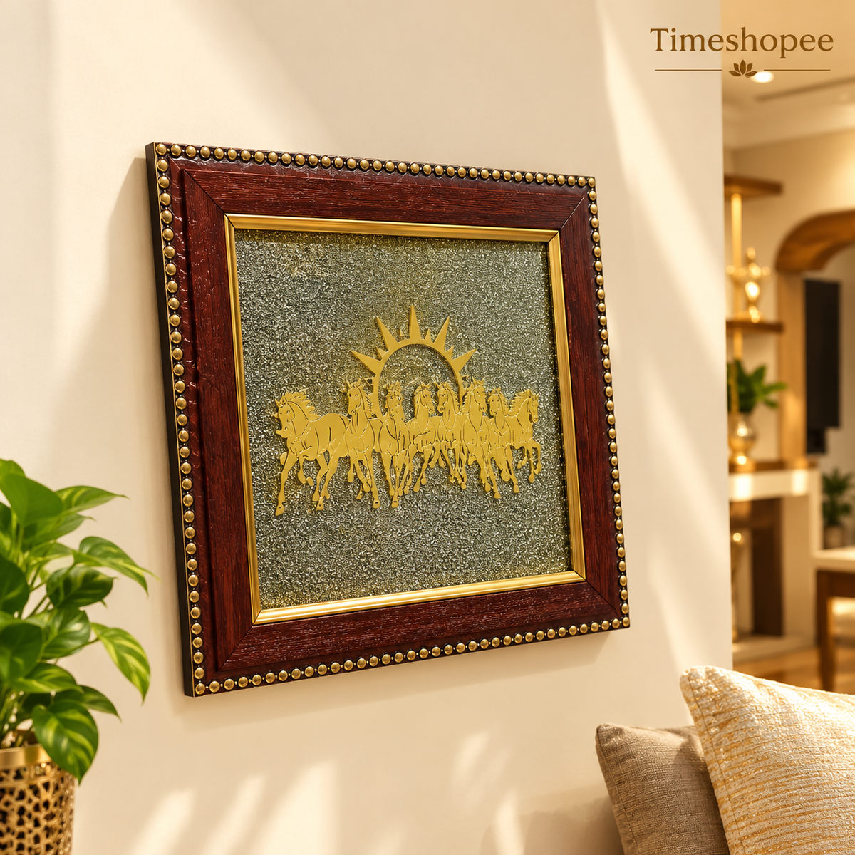 Wooden 7x7 inch Vastu frame featuring seven golden horses with rising sun background and embedded Pyrite stone, ideal for wealth and energy correction