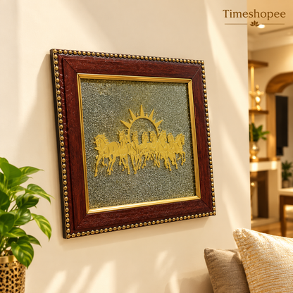 Wooden 7x7 inch Vastu frame featuring seven golden horses with rising sun background and embedded Pyrite stone, ideal for wealth and energy correction
