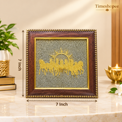 Wooden 7x7 inch Vastu frame featuring seven golden horses with rising sun background and embedded Pyrite stone, ideal for wealth and energy correction