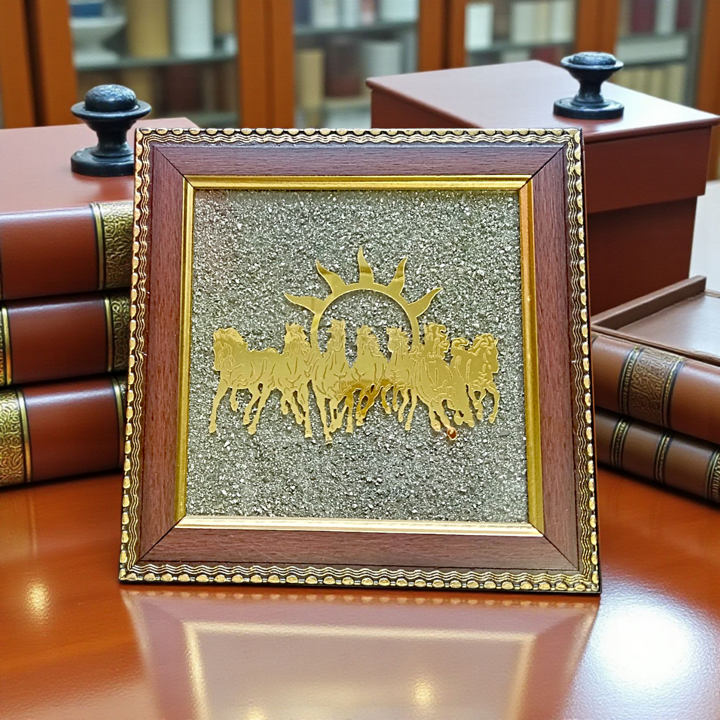Wooden 7x7 inch Vastu frame featuring seven golden horses with rising sun background and embedded Pyrite stone, ideal for wealth and energy correction