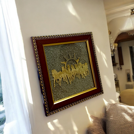 Wooden 7x7 inch Vastu frame featuring seven golden horses with rising sun background and embedded Pyrite stone, ideal for wealth and energy correction