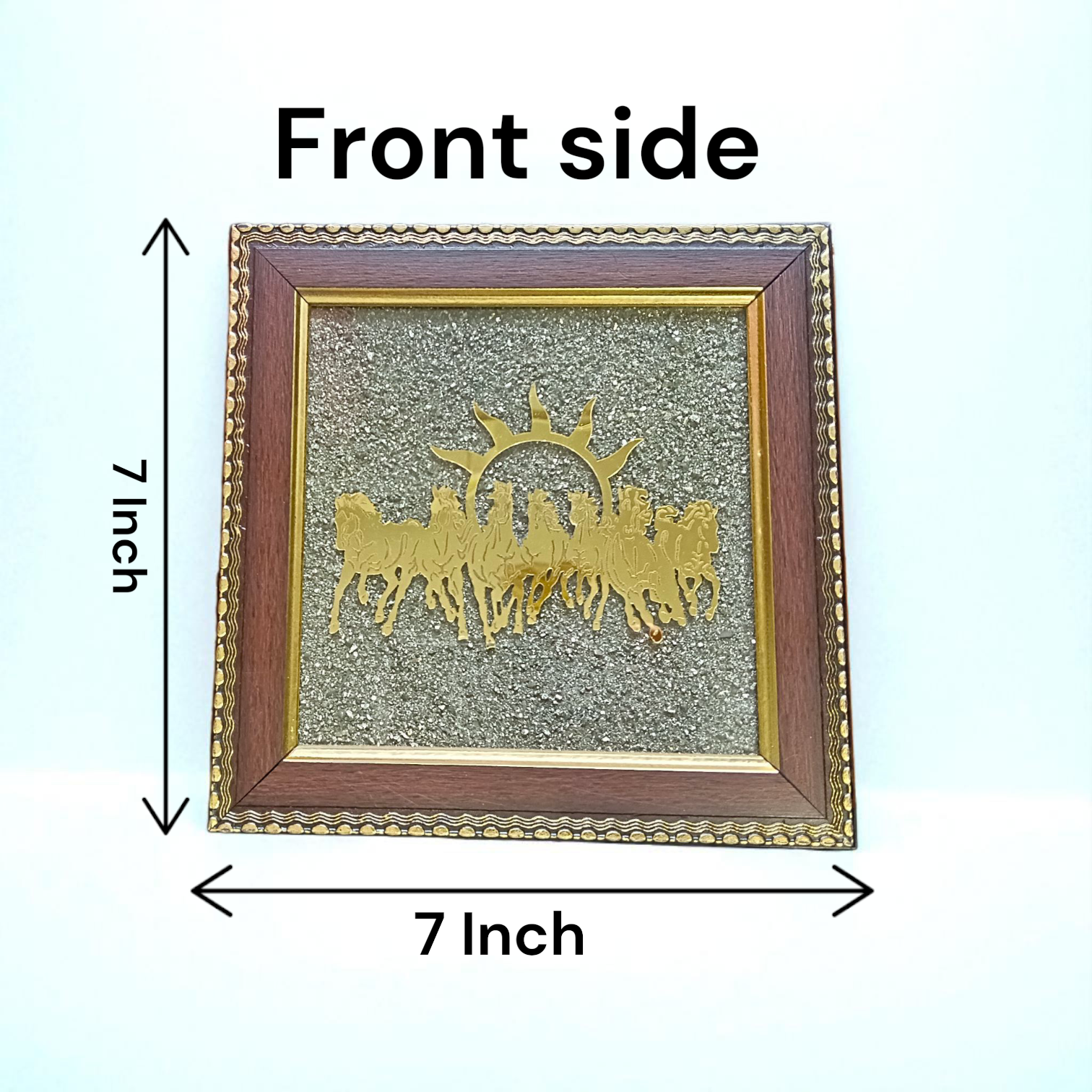 Wooden 7x7 inch Vastu frame featuring seven golden horses with rising sun background and embedded Pyrite stone, ideal for wealth and energy correction