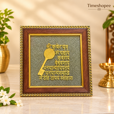 Shri Kuber Yantra on Raw Pyrite – 7x7 Inch | Wooden Frame for Prosperity