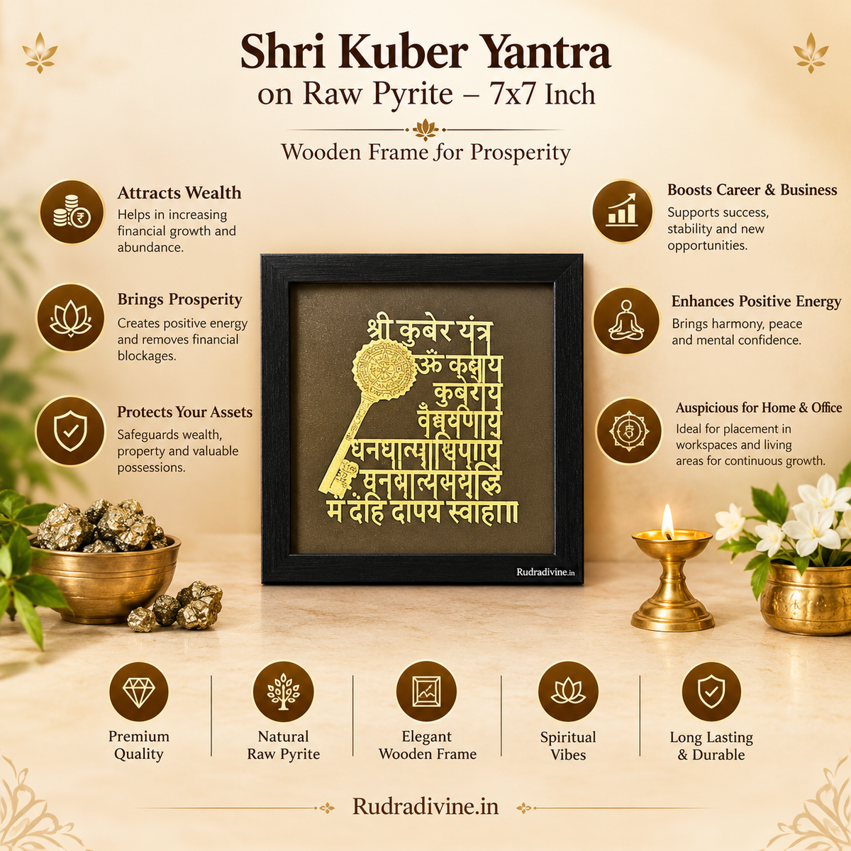 Wooden 7x7 inch frame featuring Shri Kuber Yantra printed on raw Pyrite stone, ideal for wealth, business success, pooja rooms, and spiritual gifting