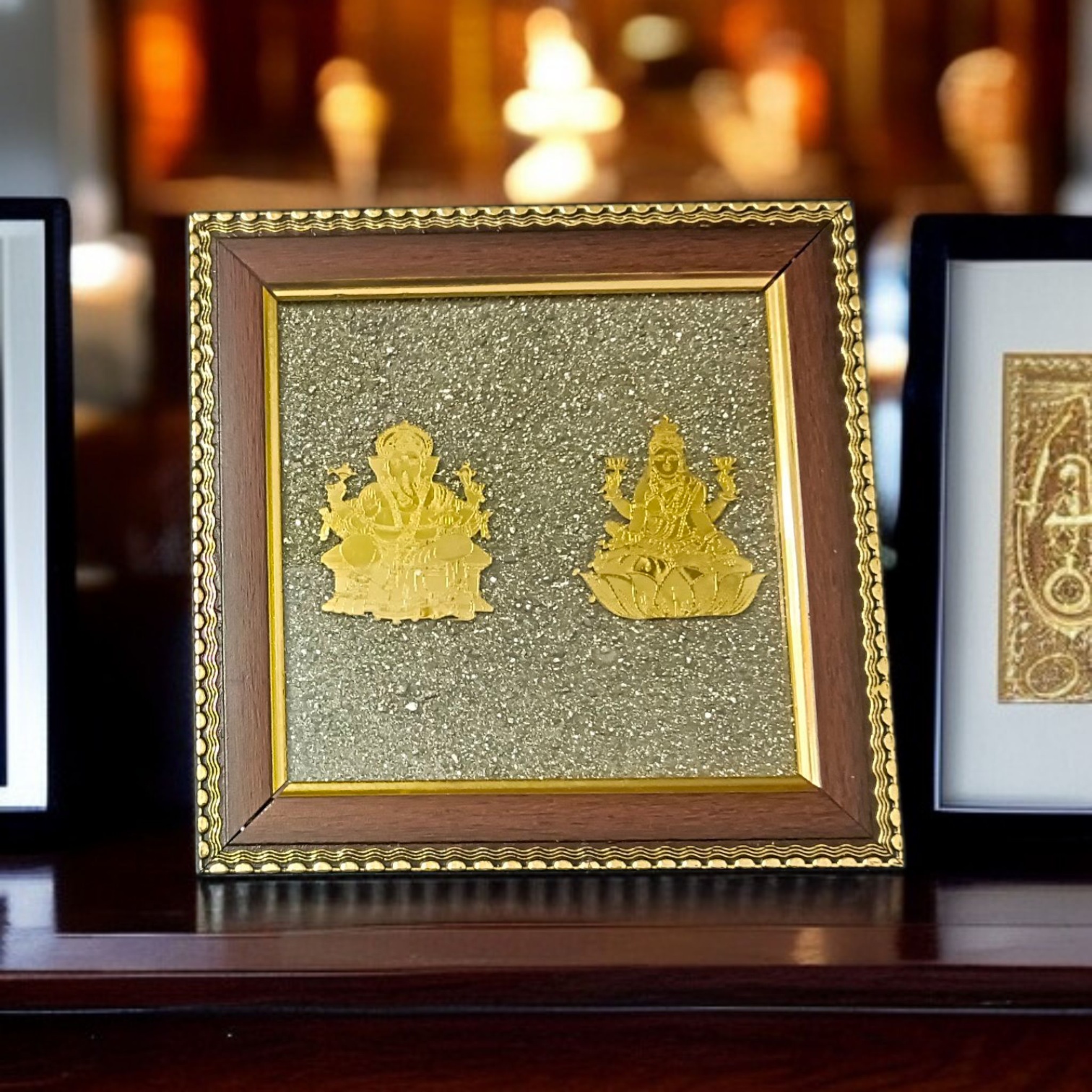 Wooden 7x7 inch frame featuring Shri Lakshmi and Lord Ganesha engraved on a raw Pyrite stone, ideal for business success, Vastu correction, and prosperity