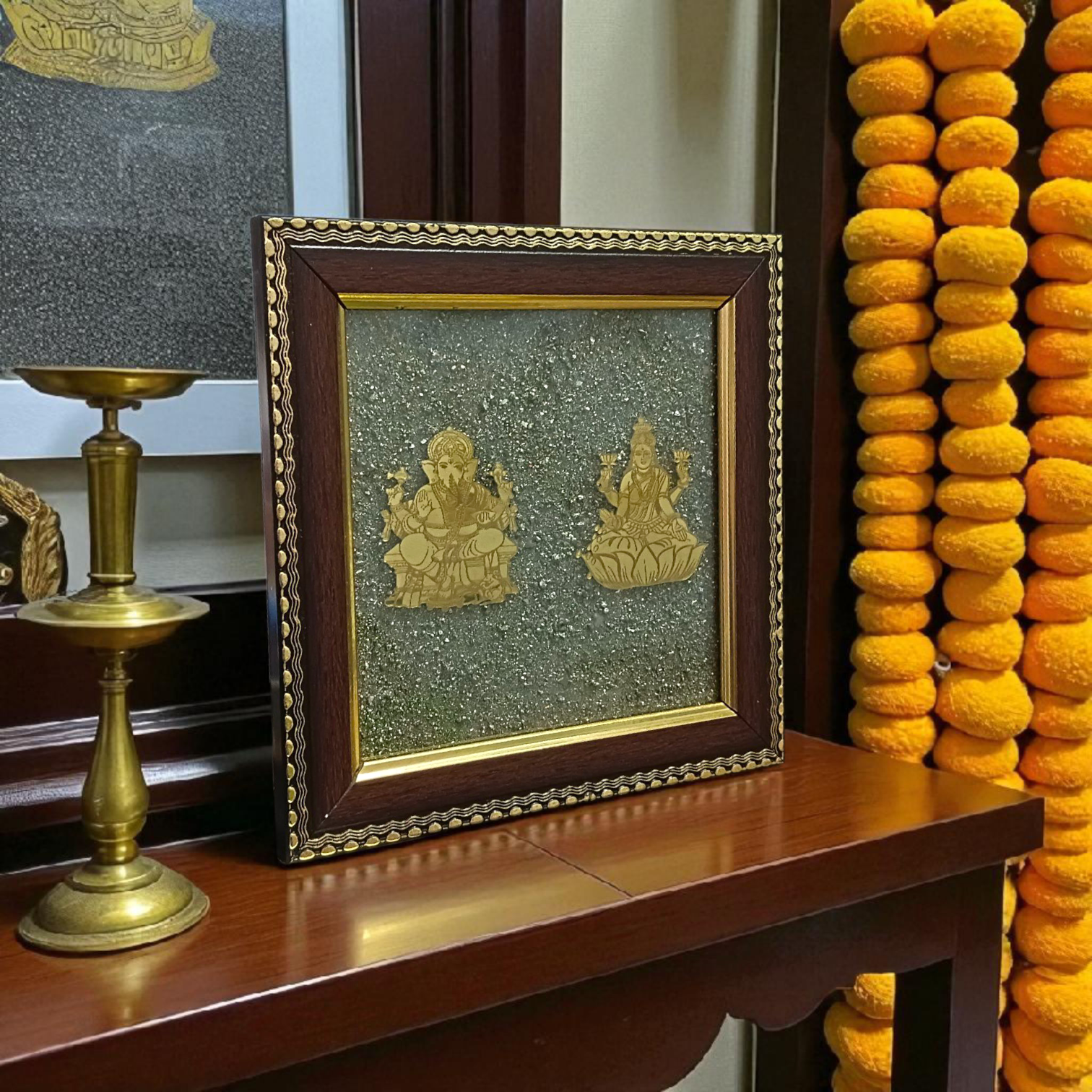 Wooden 7x7 inch frame featuring Shri Lakshmi and Lord Ganesha engraved on a raw Pyrite stone, ideal for business success, Vastu correction, and prosperity