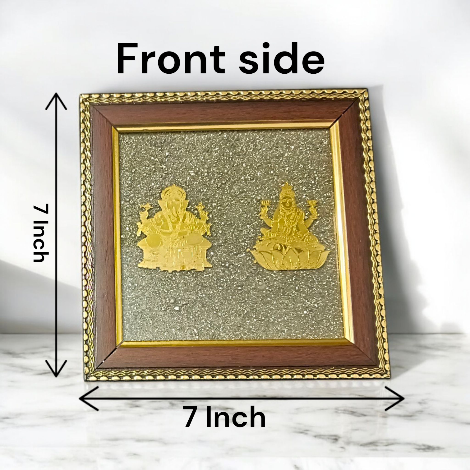 Wooden 7x7 inch frame featuring Shri Lakshmi and Lord Ganesha engraved on a raw Pyrite stone, ideal for business success, Vastu correction, and prosperity