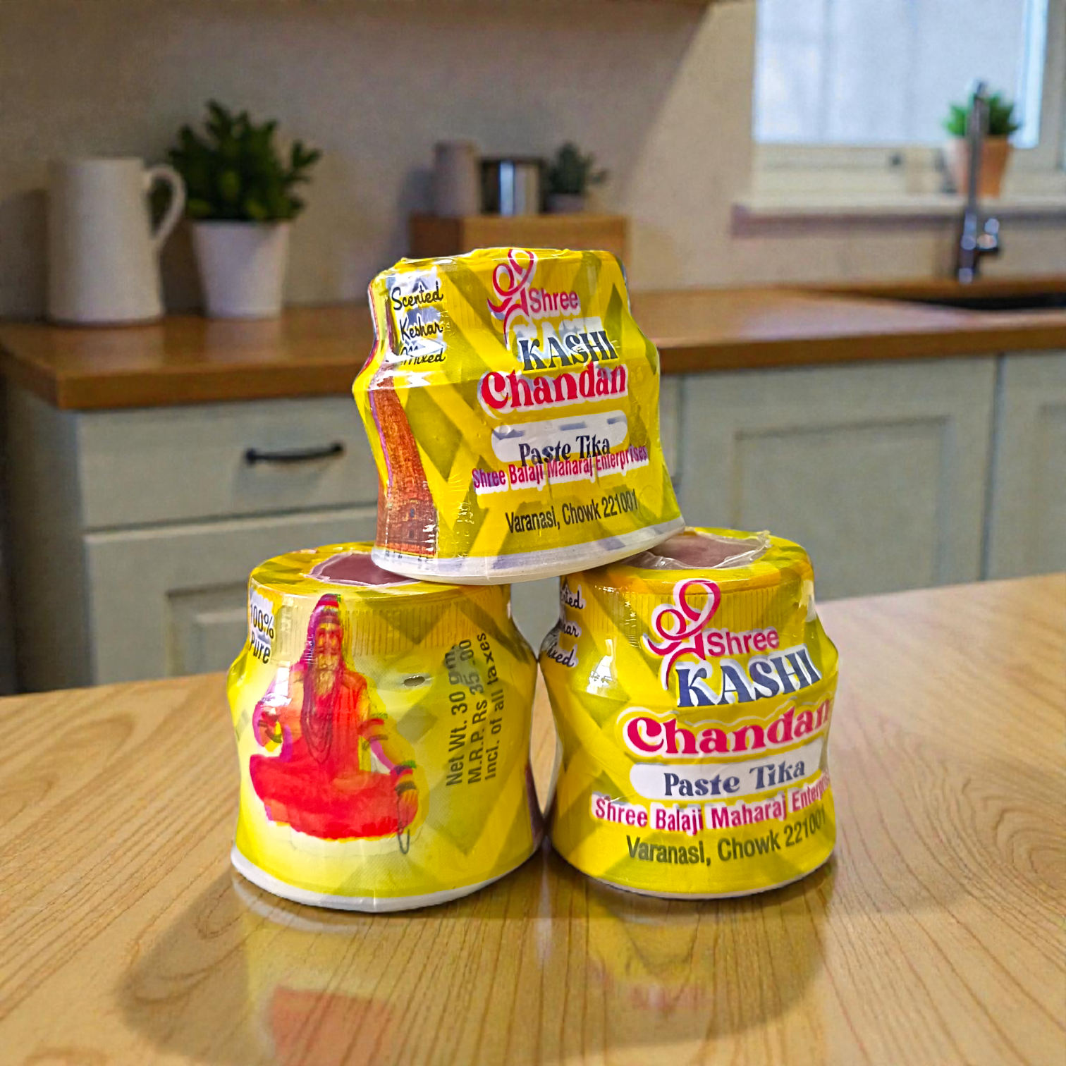 Yellow sandalwood chandan paste container used for tilak and puja