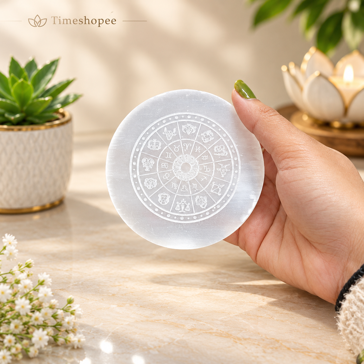A polished round Selenite charging plate featuring a carved Om symbol, used for pooja, décor, and energy cleansing