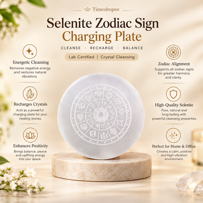 A polished round Selenite charging plate featuring a carved Om symbol, used for pooja, décor, and energy cleansing