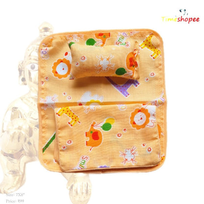 A cozy Laddu Gopal Bedsheet with Pillow and Blanket set in vibrant colors, designed for 0-3 No. Laddu Gopal, enhancing the pooja space with comfort and devotion.