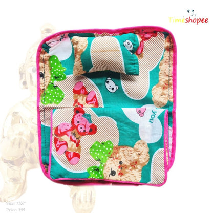A cozy Laddu Gopal Bedsheet with Pillow and Blanket set in vibrant colors, designed for 0-3 No. Laddu Gopal, enhancing the pooja space with comfort and devotion.