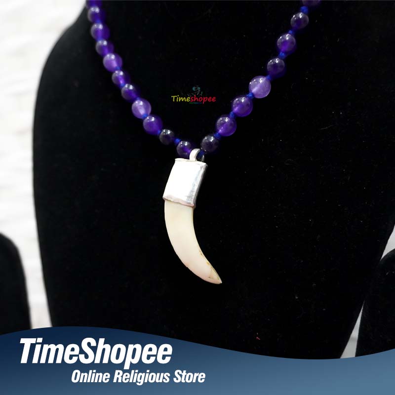 C-Shape Silver Pendant with Genuine Shukar Dant (Wild Boar Tooth) and Amethyst Mala, Lab Certified