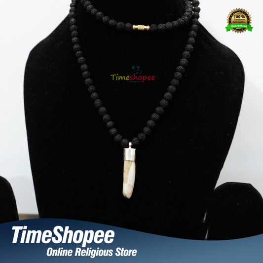 C-Shape Wild Boar Teeth Pendant with Black Rudraksha Mala in Silver | Lab Certified