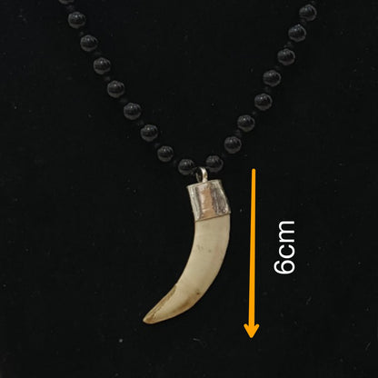 C-Shape Wild Boar Teeth Silver Pendant with Black Agate Mala, Lab Certified