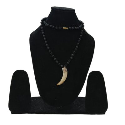 Shukar Dant C-Shape Wild Boar Teeth Silver Pendant with Black Agate Mala – Timeshopee
