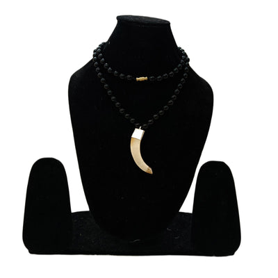 Shukar Dant C-Shape Wild Boar Teeth Silver Pendant with Black Hakik Mala