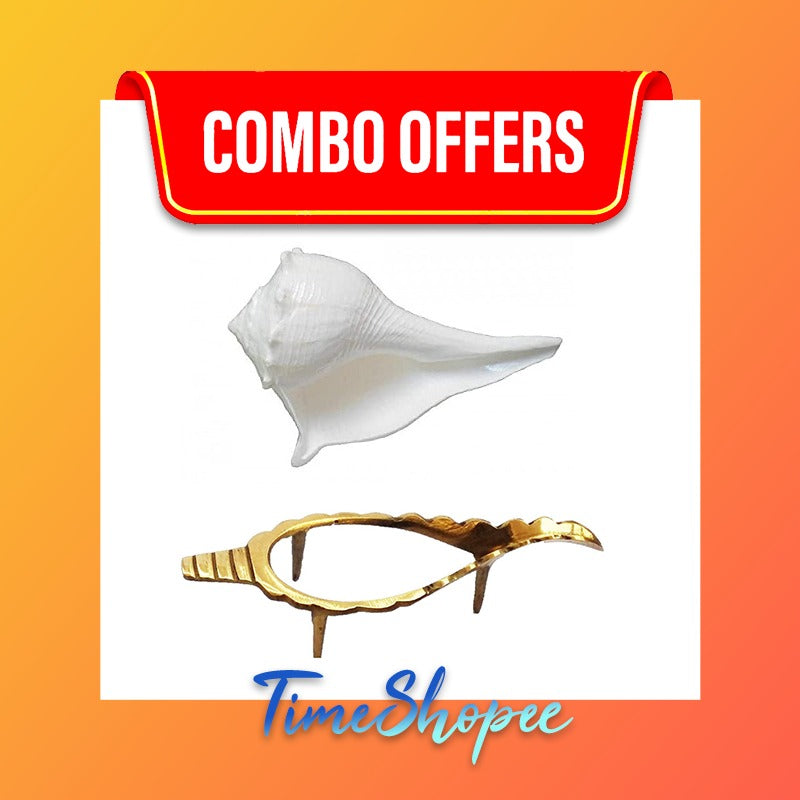 Combo of Dakshinavarti Shankh with Brass Stand | Lab Certified | Timeshopee