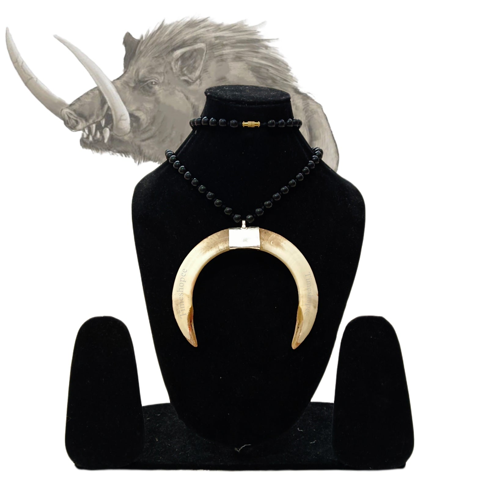 Extra Large Silver Pendant with Shukar Dant (Wild Boar Tooth) on Black Hakik Mala, Lab Certified