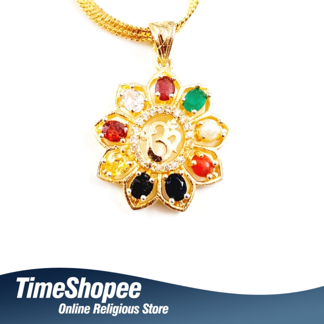Navratna Locket with Om Symbol - Gold Pendant with Gold Plated Chain from Timeshopee