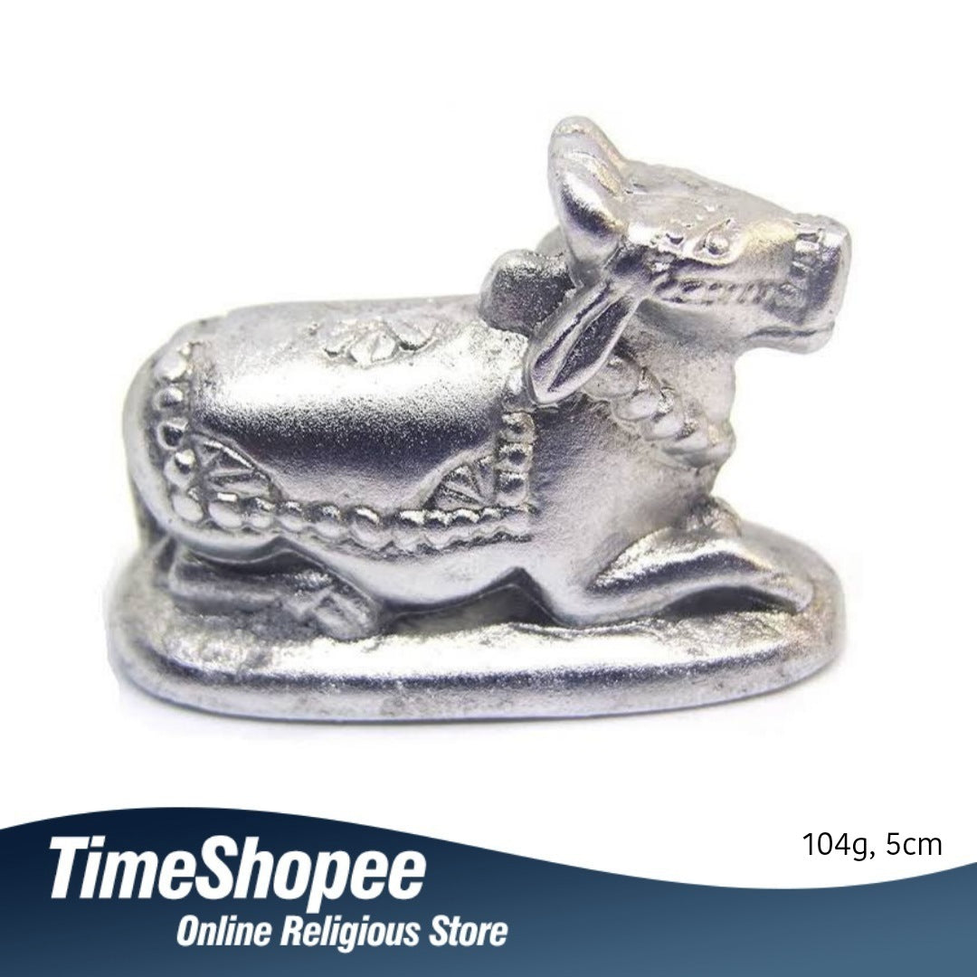 Parad Nandi Ji - 100% Genuine Mercury Nandi for Shivling, Lab Certified, from Timeshopee. A finely crafted mercury statue of Nandi, the sacred bull of Lord Shiva, designed to enhance spiritual devotion and energy around a Shivling.