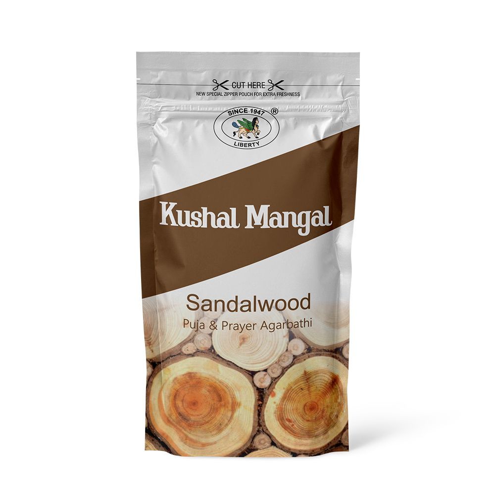 Sandalwood Incense Sticks by Kushal Mangal in a zipper pouch, 9 inches long, with a 30-40 minute burning time, available at Timeshopee.