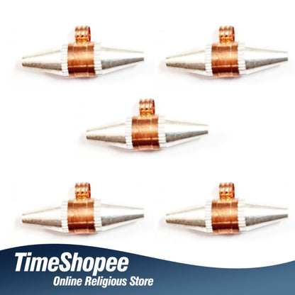 Set of five Triloh Taweez amulets made from iron, copper, and silver, with a Bhojpatra sheet, highlighting their multi-metal design and spiritual significance.