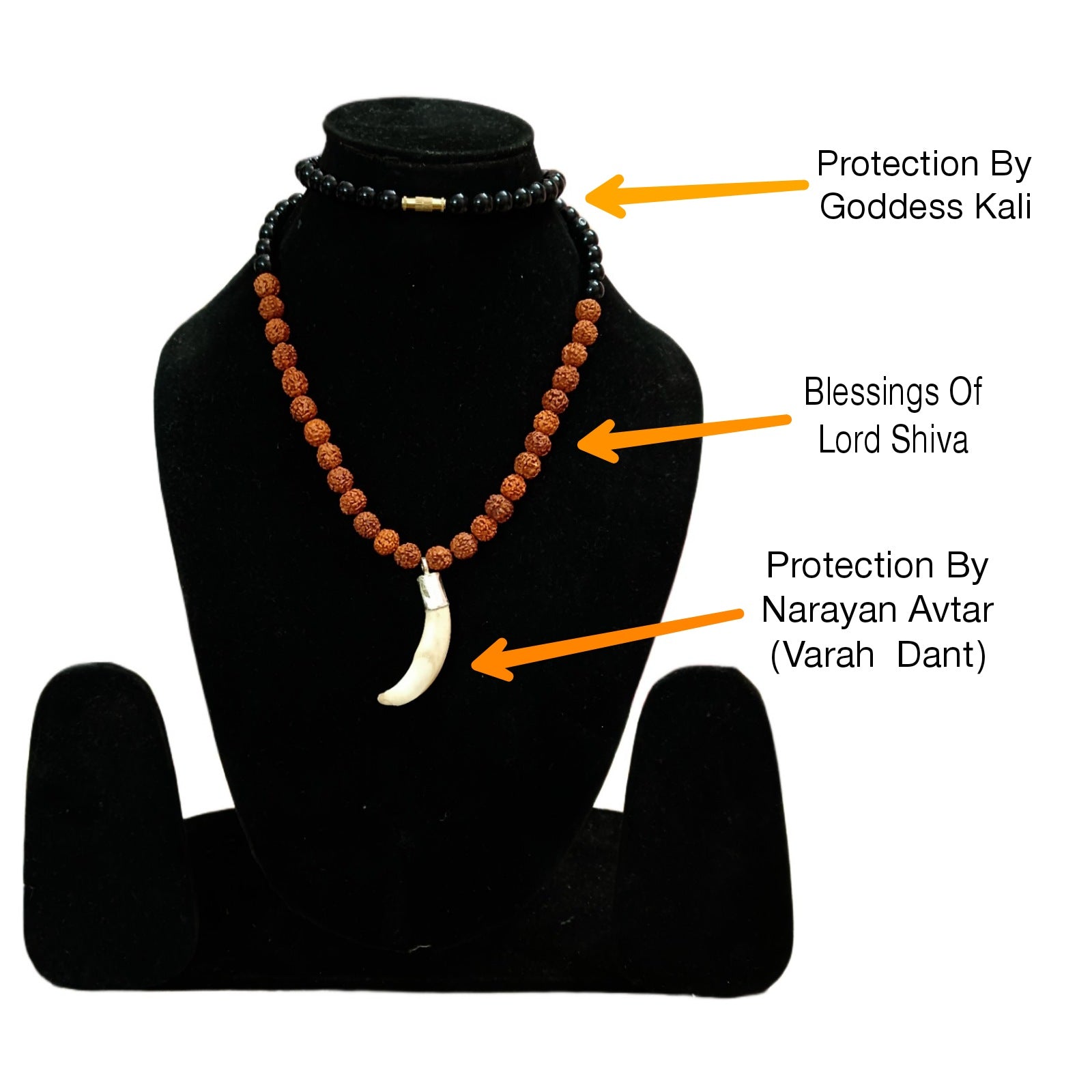 Shukar Dant C-Shape Wild Boar Teeth Pendant with Black Hakik and Rudraksha Mix Mala | Lab Certified