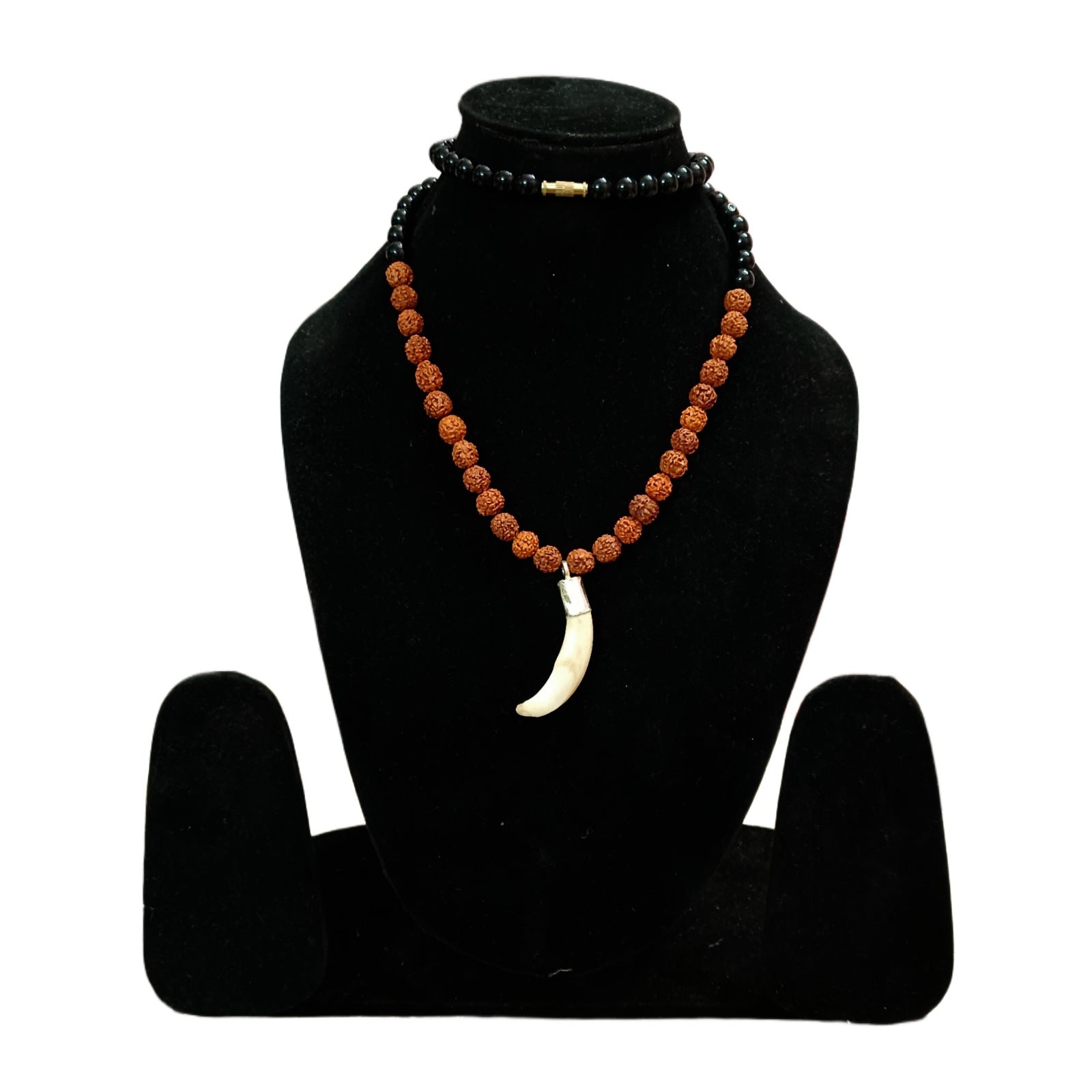 Shukar Dant C-Shape Wild Boar Teeth Pendant with Black Hakik and Rudraksha Mix Mala | Lab Certified