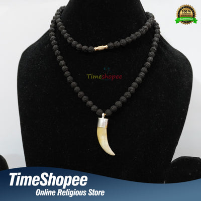 Shukar Dant C-Shape Wild Boar Teeth Silver Pendant with Black Rudraksha Mala