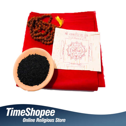 Shri Mahakaleshwar Sadhna Kit with Yantra on Bhojpatra, Rudraksha Mala, Kale Til, and Red Cloth, available at Timeshopee.
